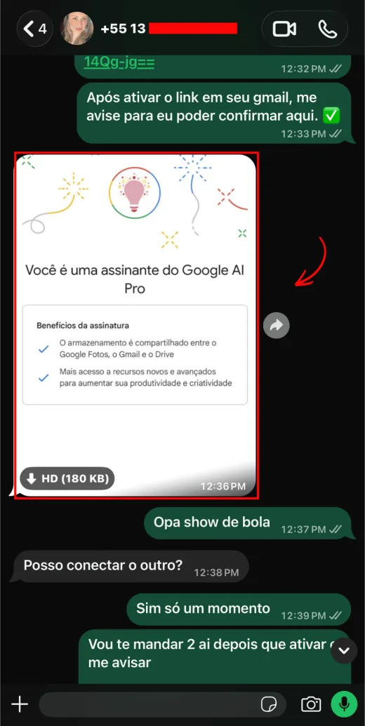 Cliente confirmando a ativação do Google AI Pro